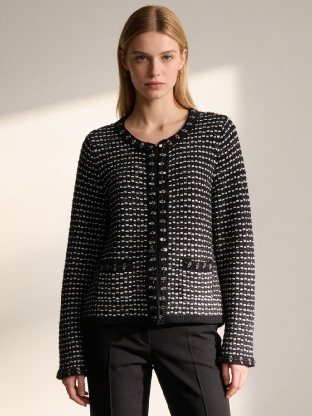 White House Black Market Black White Bouclé Knit Jacket Cardigan M